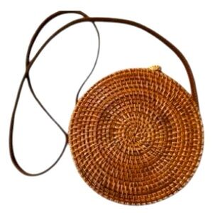 VINTAGE Style Round Ratan Woven Crossbody Bag Brown Coastal Vacation